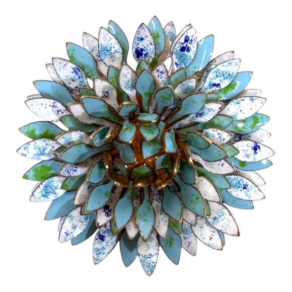 Vtg Gold Tone Enamel Flower Brooch Large Blue Green White Pin Carnation Dahlia - Picture 3 of 5